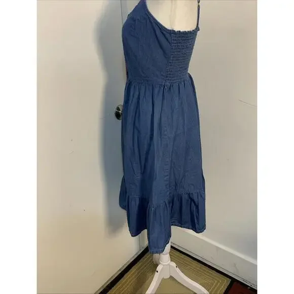 Japna Chambray Smocked Blue Sundress Midi Prairie Ruffle Hem Cottage Small Excel - Picture 5 of 13
